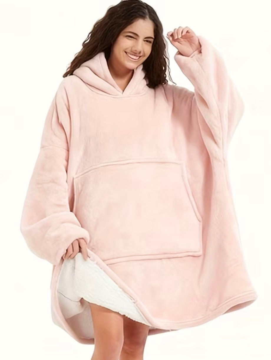 Oversized Sherpa-Lined Hooded Blanket with Pocket